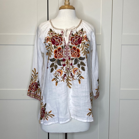 Johnny Was Tops - Johnny Was Workshop Small Embroidered Peasant Tunic Floral